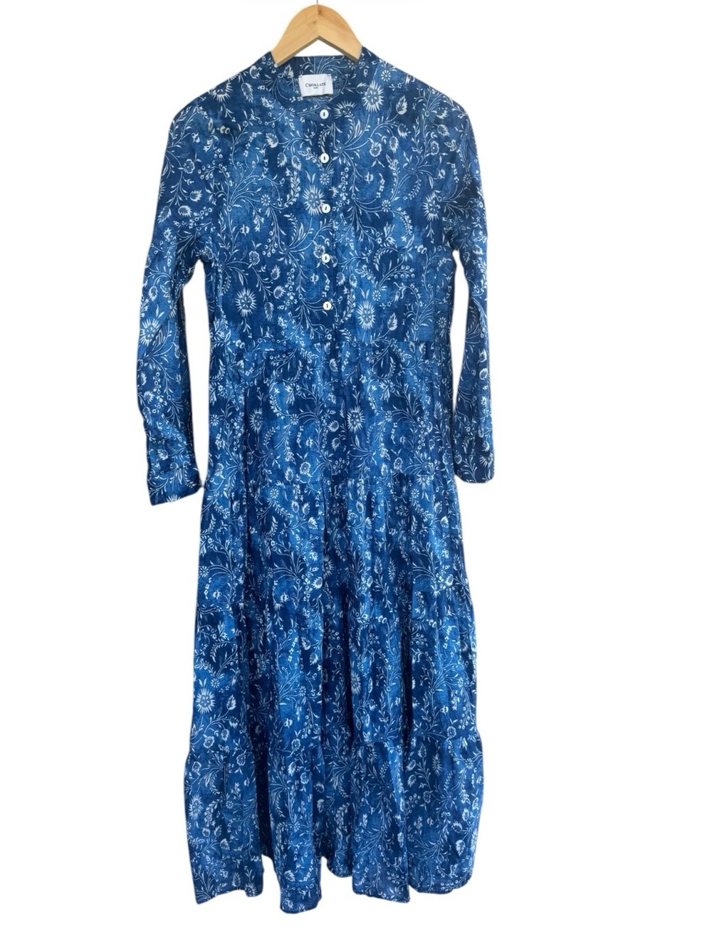 Choklate Blue Floral Button-Front Maxi Dress with half button up long sleeve